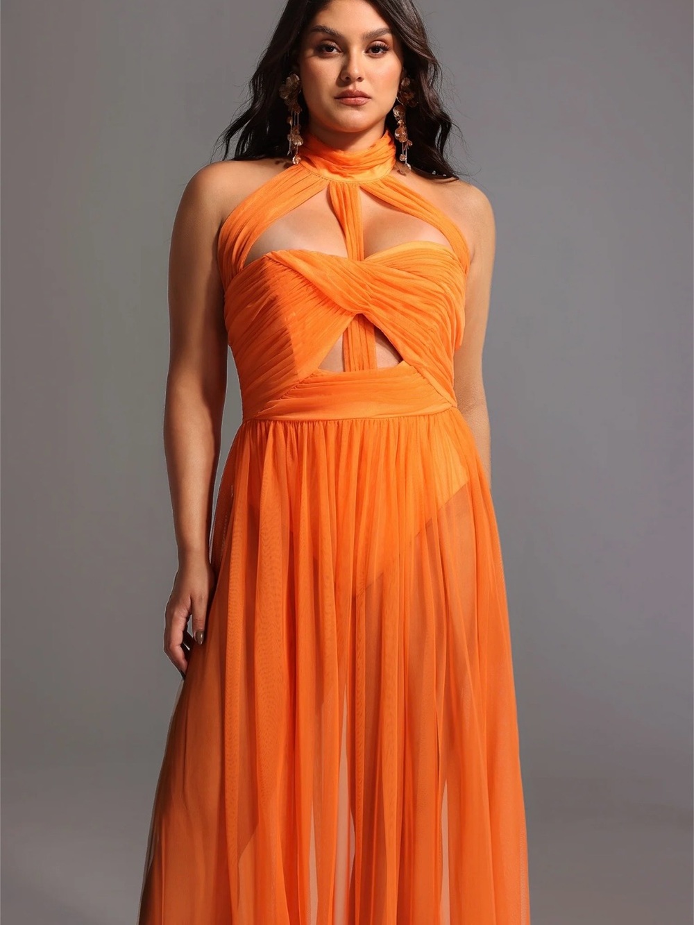 Vibrant Orange Halter Twist Cutout Maxi Dress